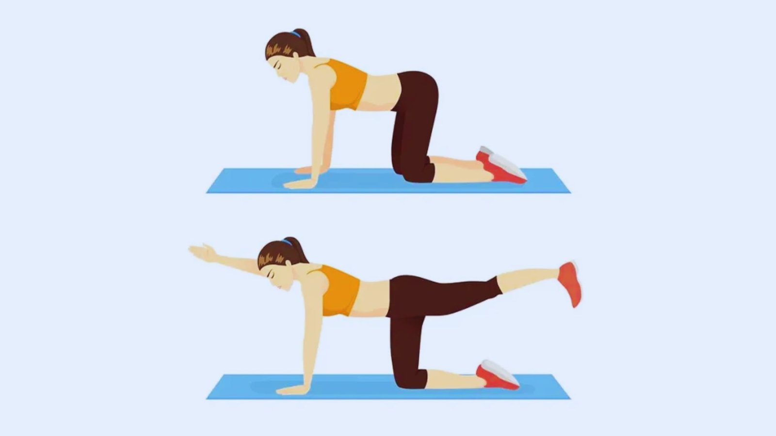 An illustration of a woman in all-fours position lifting her leg, showing correct Pilates form.