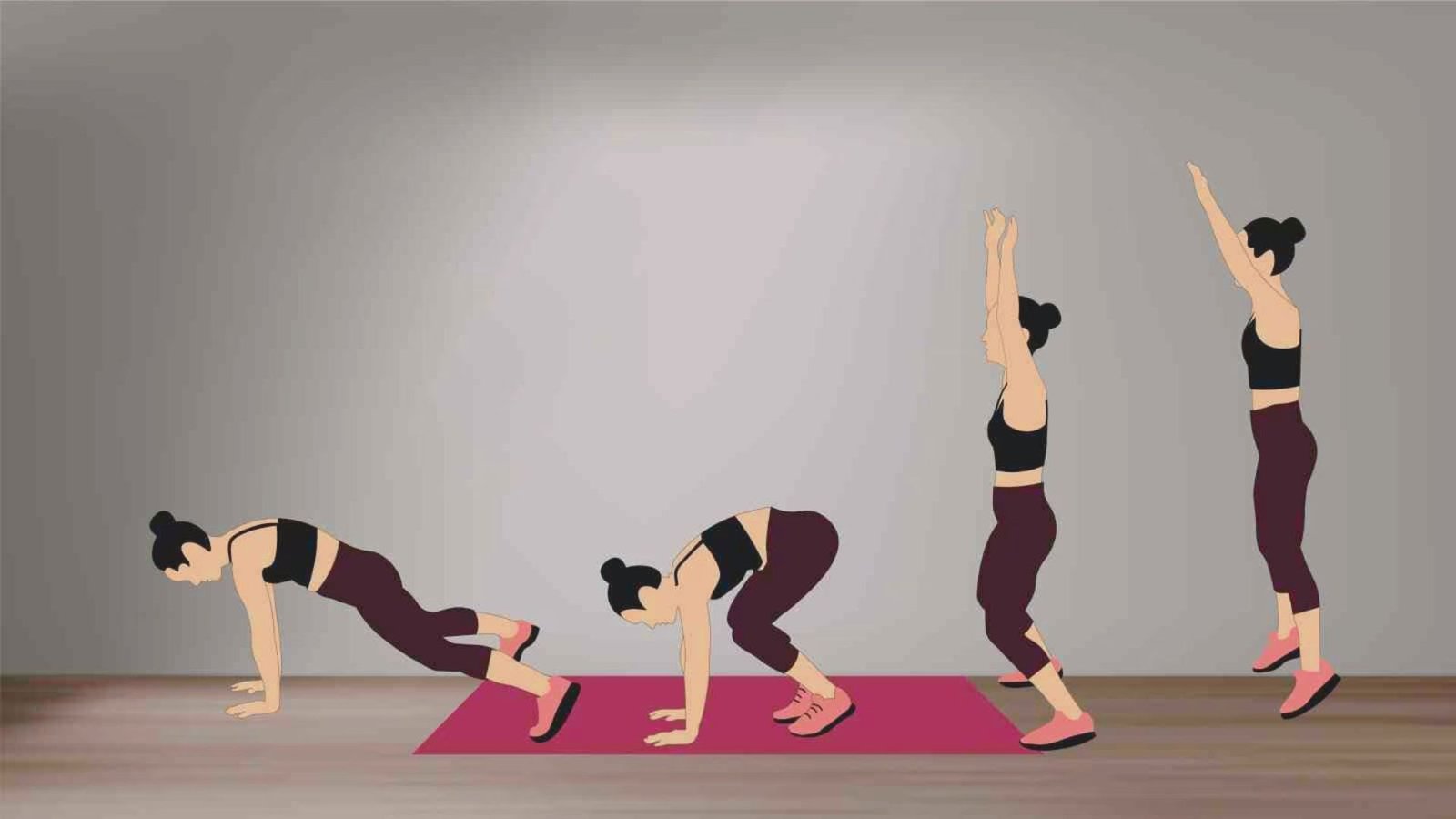 Four-step illustration demonstrating the correct form for a burpee exercise on a gym mat.