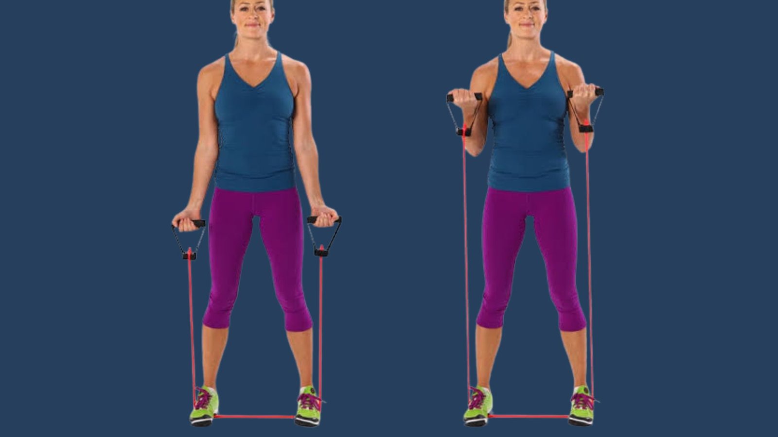 Woman performs resistance band curl using the resistance band.