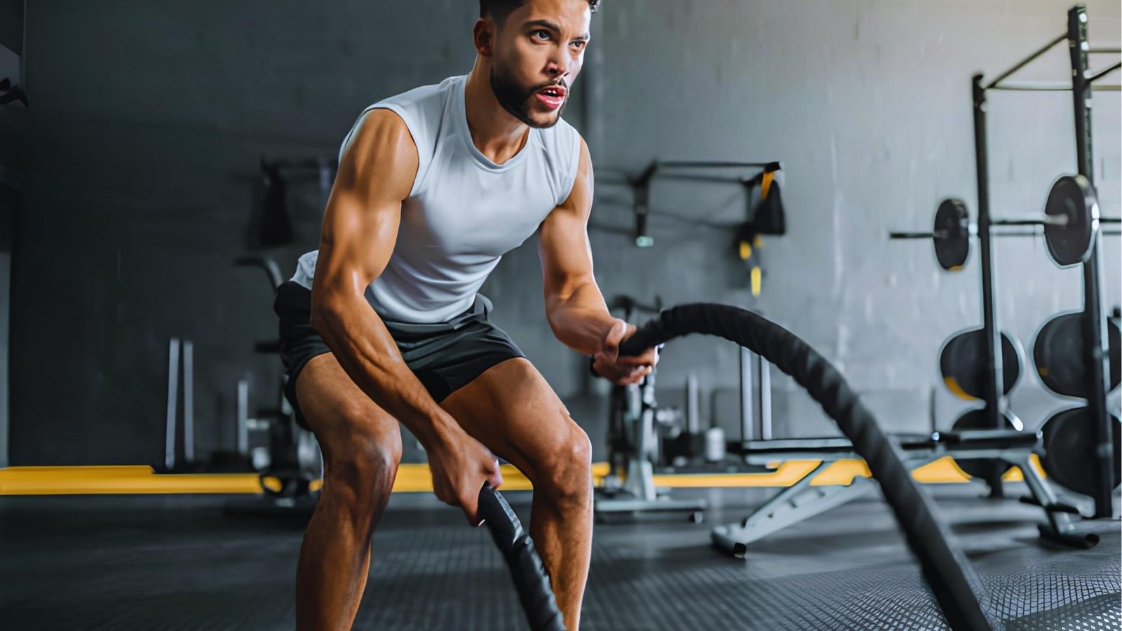Muscular man in white tank top and black shorts performs battle rope exercise in modern gym with squat rack behind.