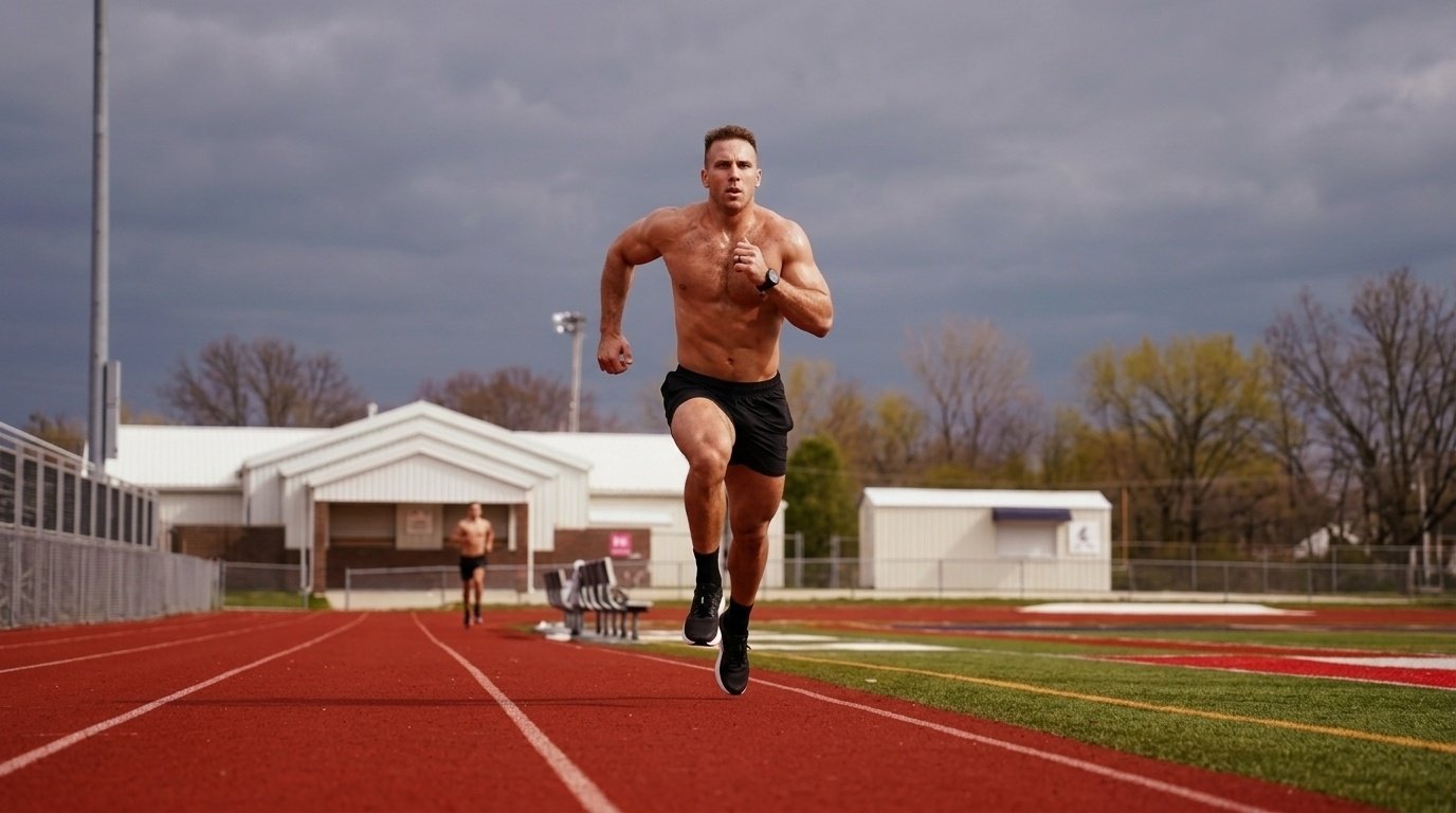 Sprinter running full speed on the outdoor track under cloudy sky while performing pyramid set.