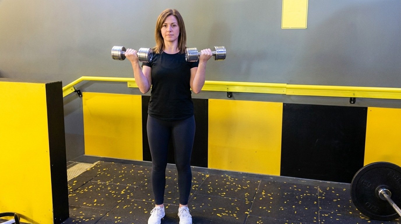 Woman doing dumbbell offset curl inside a gym.