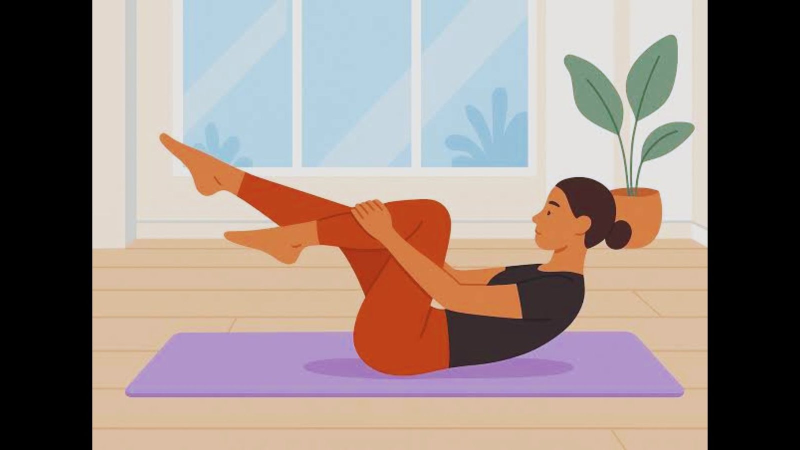 An illustration of a woman doing a Pilates crunch exercise on a purple yoga mat.