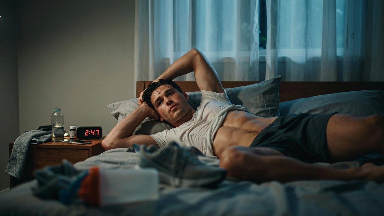 Exhausted person struggling to sleep after exercise.