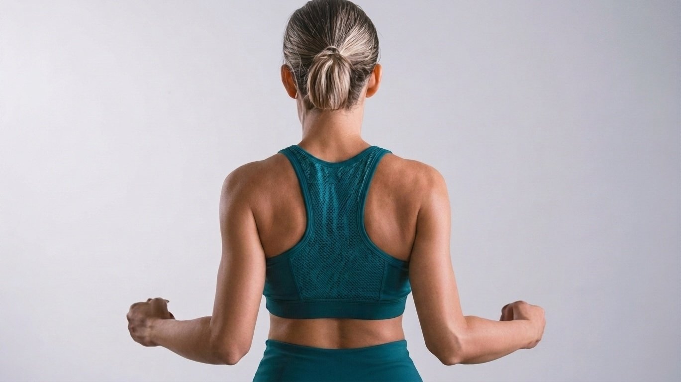 Woman squeezing her shoulder blades together to open her shoulders.