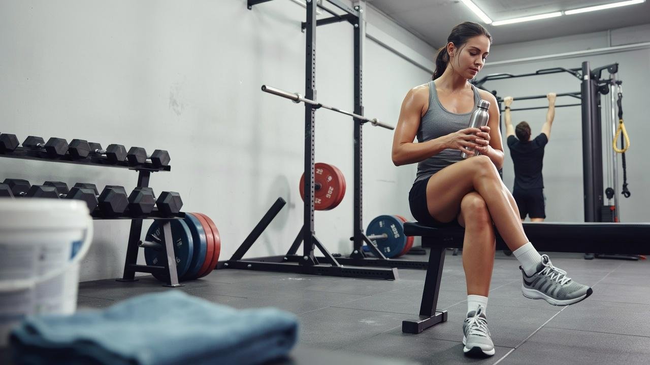 A woman sitting on a gym bench, wearing athletic clothing and holding a water bottle, with exercise equipment visible in the background.
