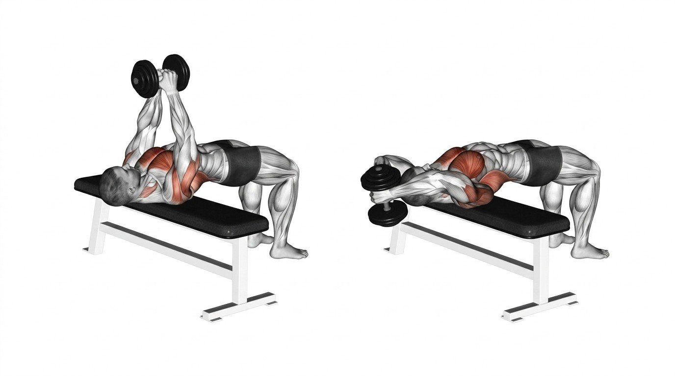 Person performing a dumbbell pullover on a flat bench with controlled shoulder movement.