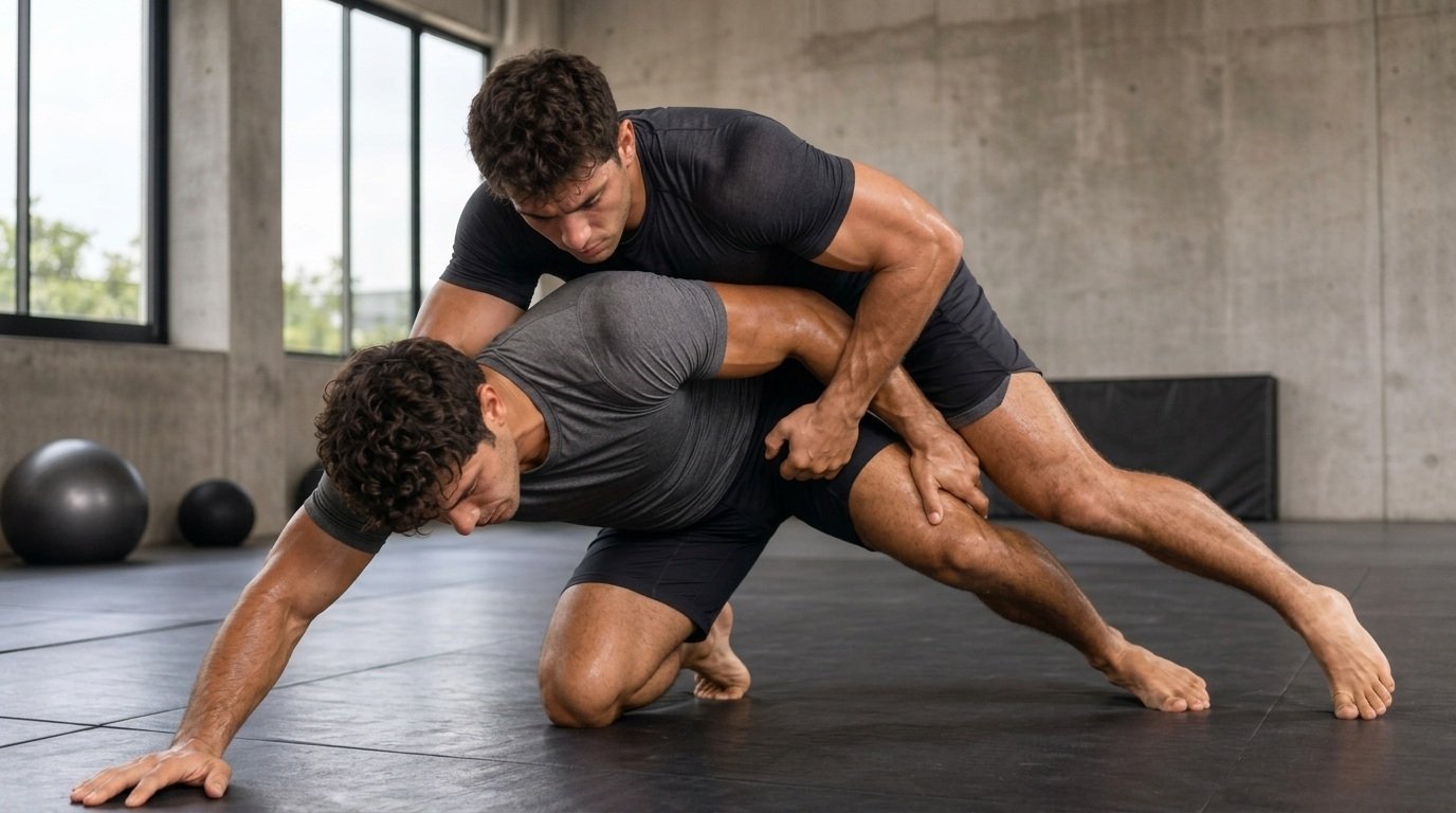 Wrestlers practicing techniques and form on a wrestling mat as a part of their workout routine.