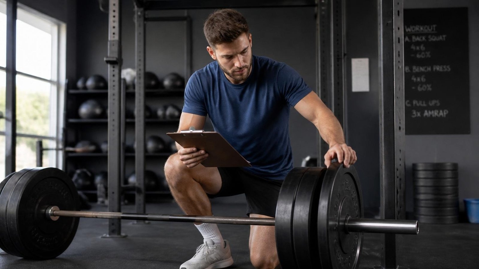 Athlete tracking progress and increasing weights during a powerbuilding program.