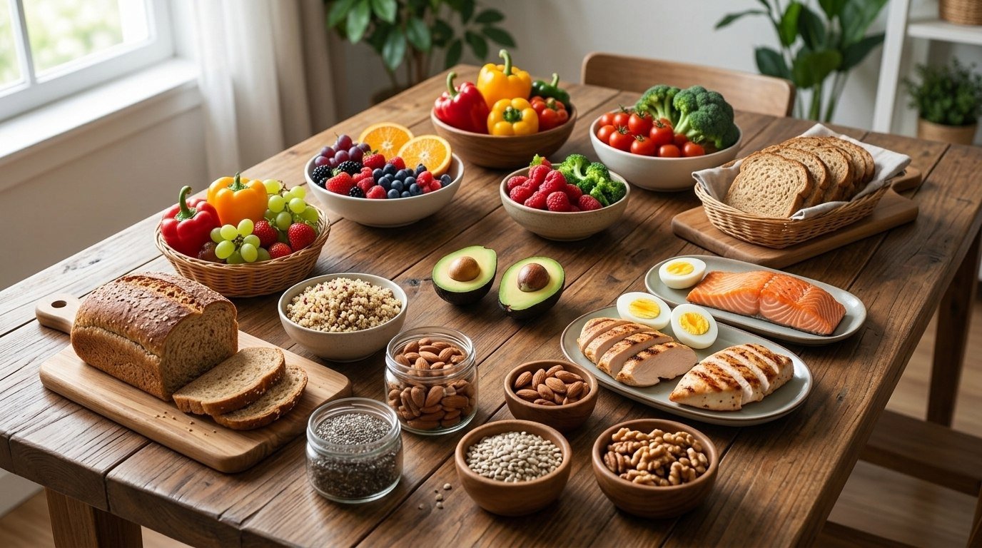 Lean proteins, whole grains, fruits, vegetables, nuts, seeds and avocados kept on a wooden dining table.