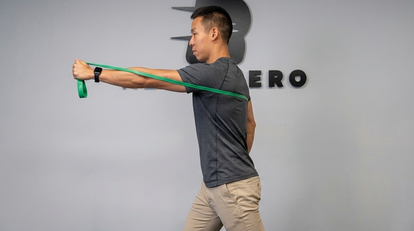 A man holding a resistance band with his one arm to punch straight forward.