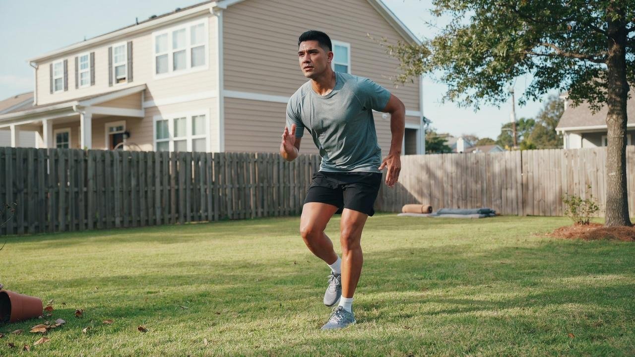 Man doing sprint training drills in backyard grass area near house and wooden fence.