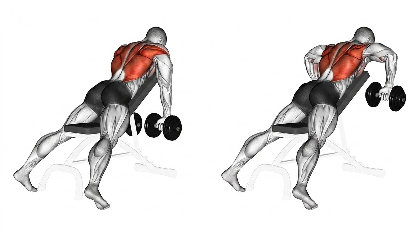 Person performing an incline dumbbell row on a bench with full range of motion.