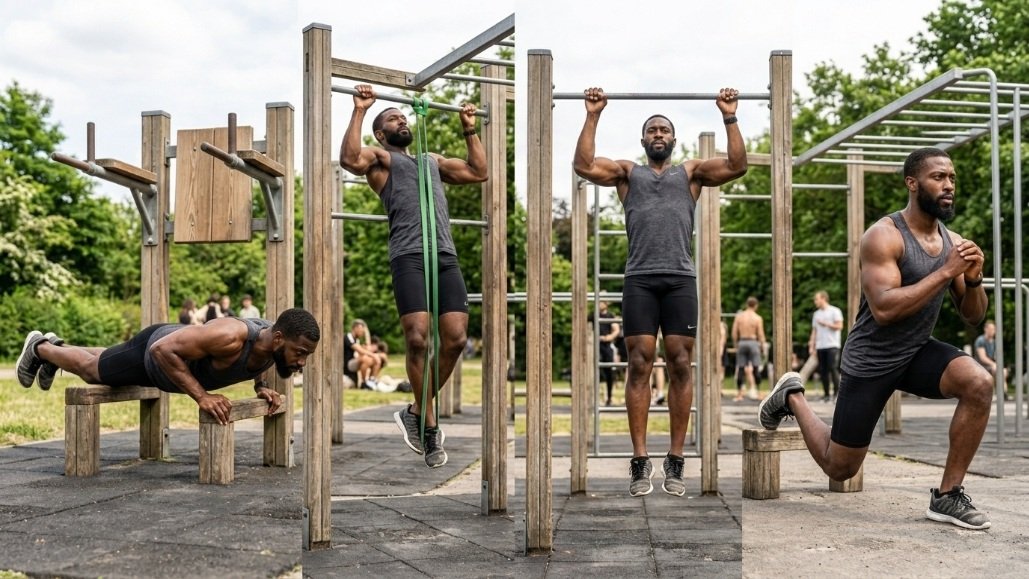 Intermediate calisthenics exercises for building upper and lower body strength.