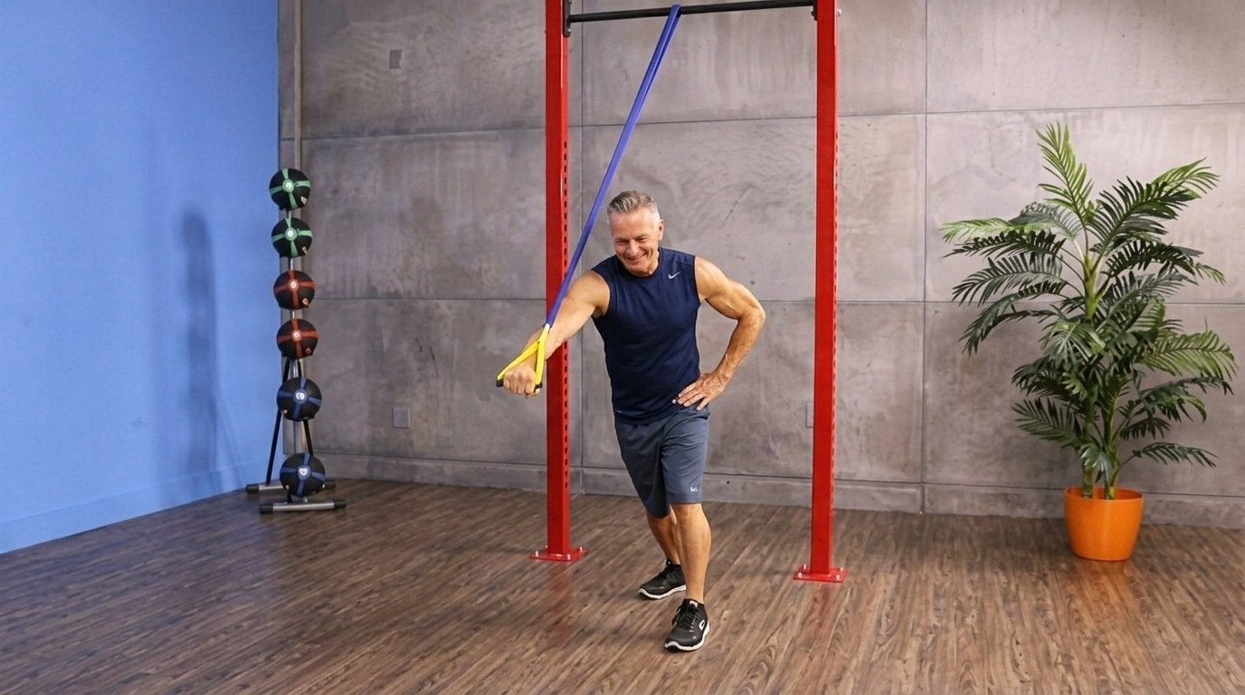 Man doing the unilateral banded chest press by pulling the resistance band forward with his one arm.