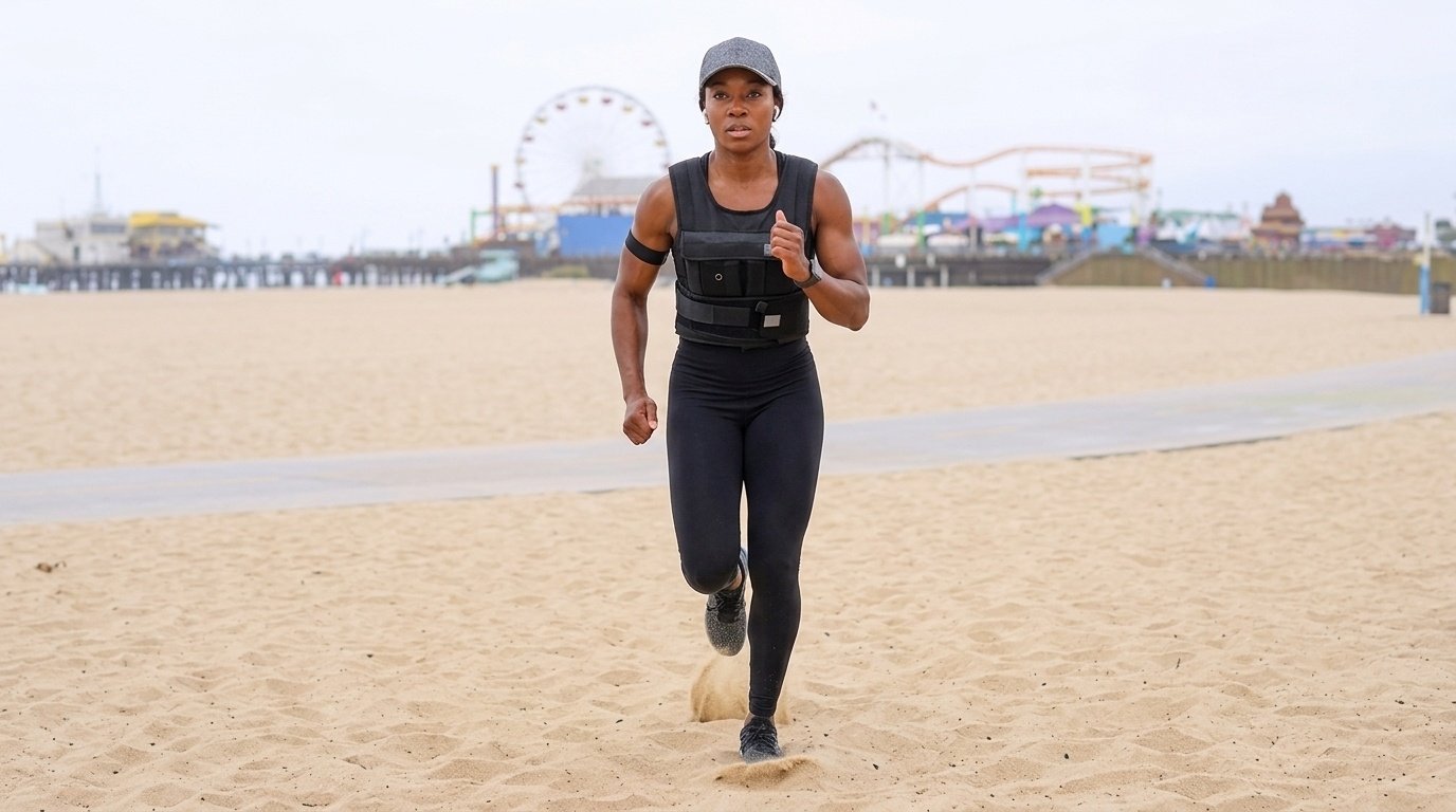 Woman sprinting on sandy beach wearing weighted vest for resistance training.
