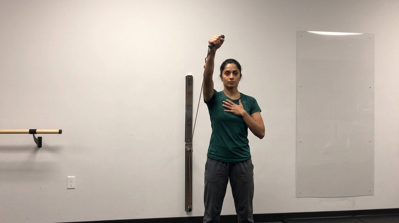 Woman doing the cable serratus punch by holding the cable handle in one hand to punch straight.