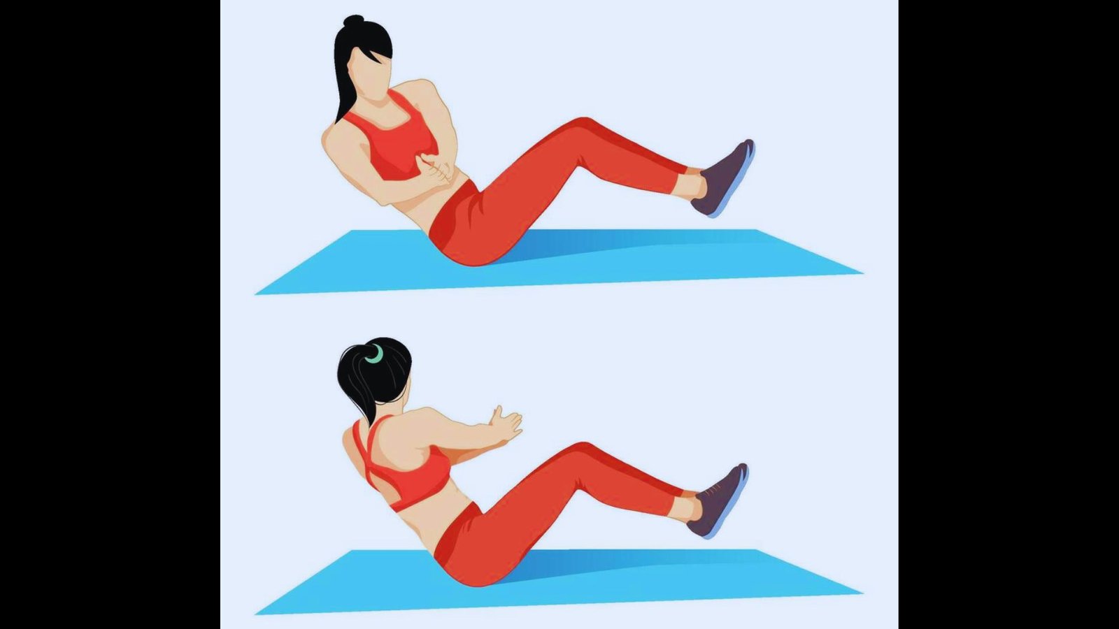 An illustration showing the correct form for a Russian twist core exercise on a gym mat.