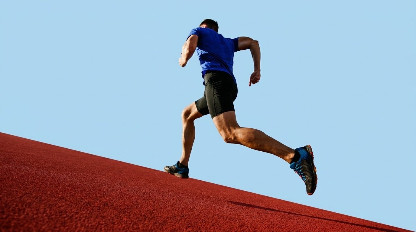 Wrestler sprinting uphill to develop explosive leg power and conditioning.