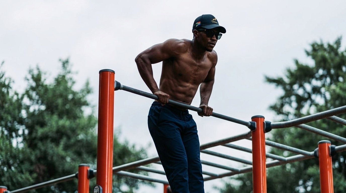 Man doing dips on outdoor parallel bars while wearing a cap and sunglasses.
