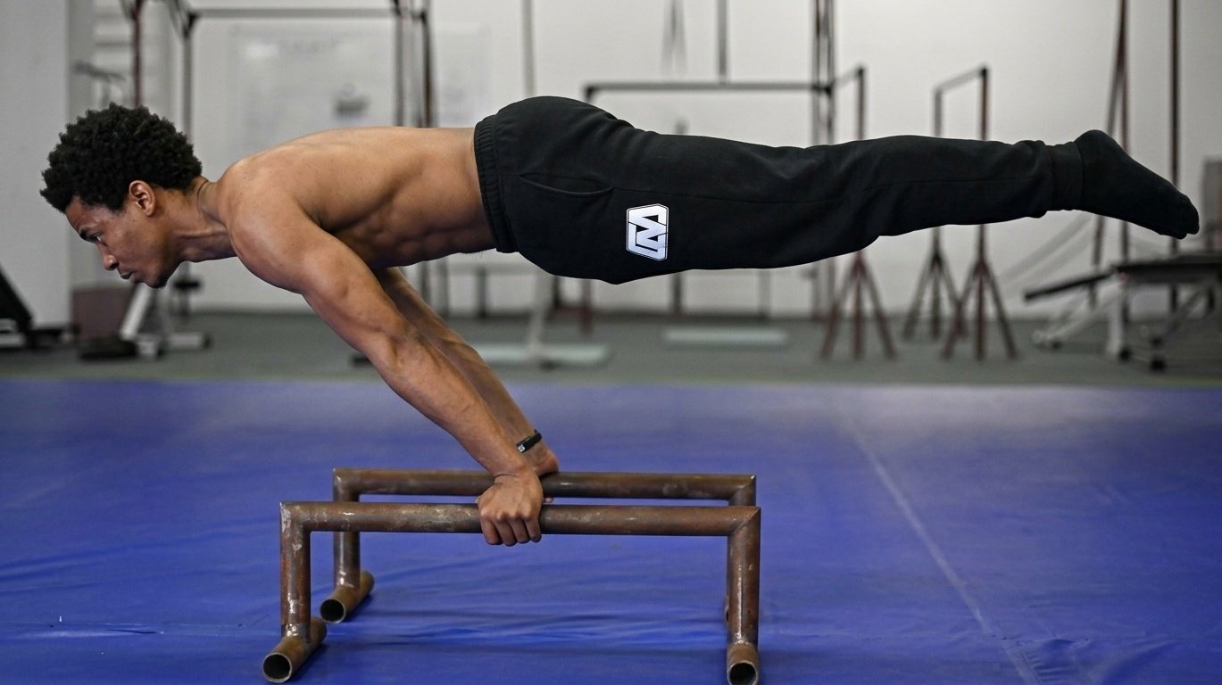 Man doing a planche hold on parallettes, body held straight and parallel to the floor.