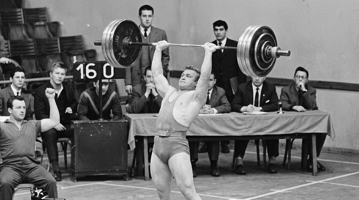 Vintage photo of a man performing a clean and press during an Olympic weightlifting event.