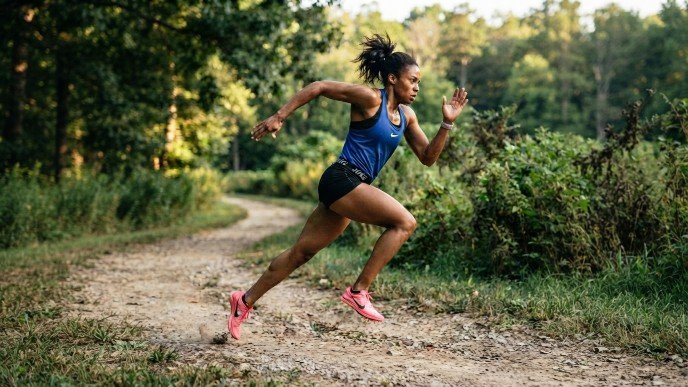 Woman sprinting on a grassy trail through trees during outdoor running workout.