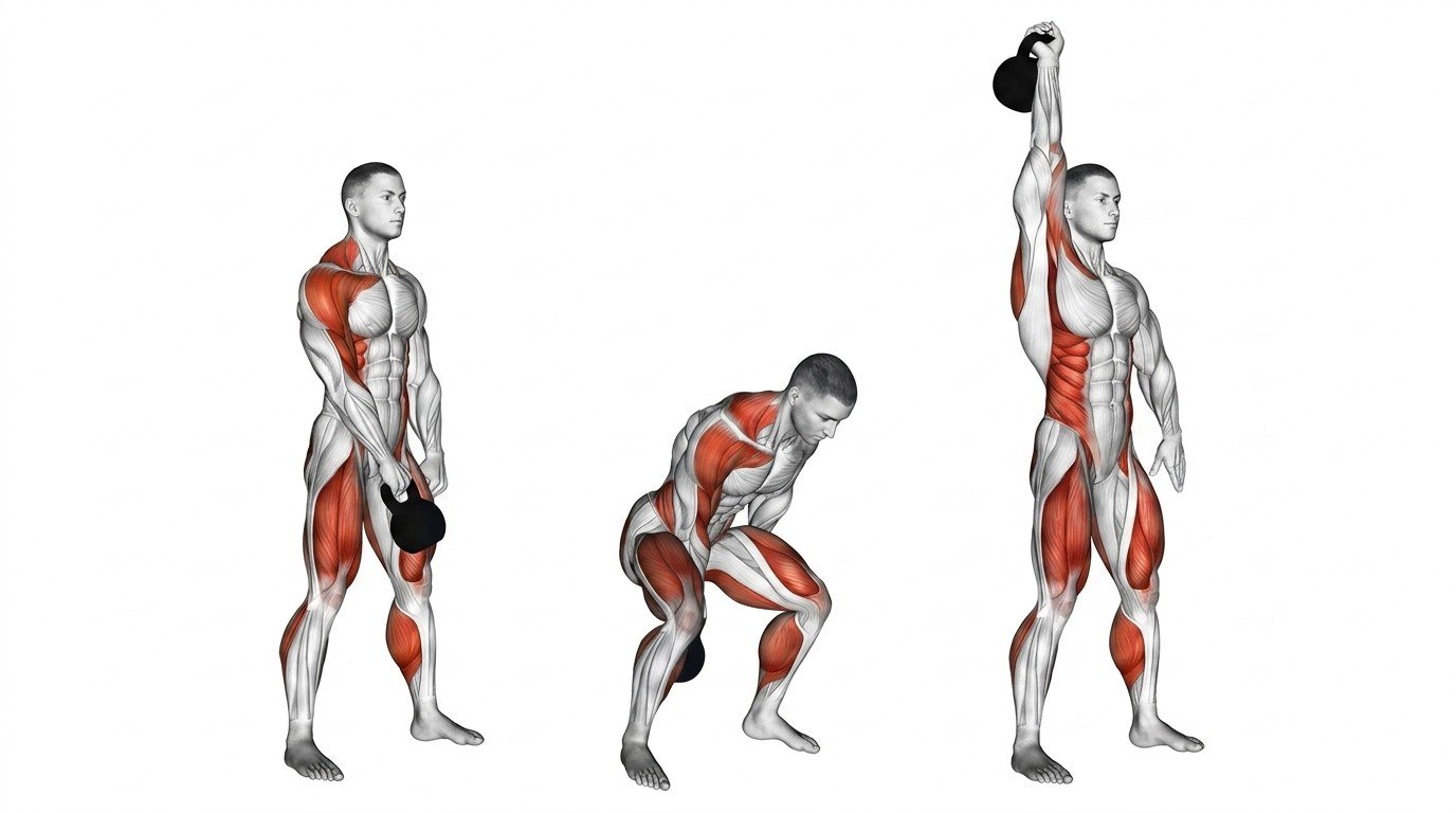 Athlete performing a kettlebell snatch with explosive hip drive and smooth overhead finish.