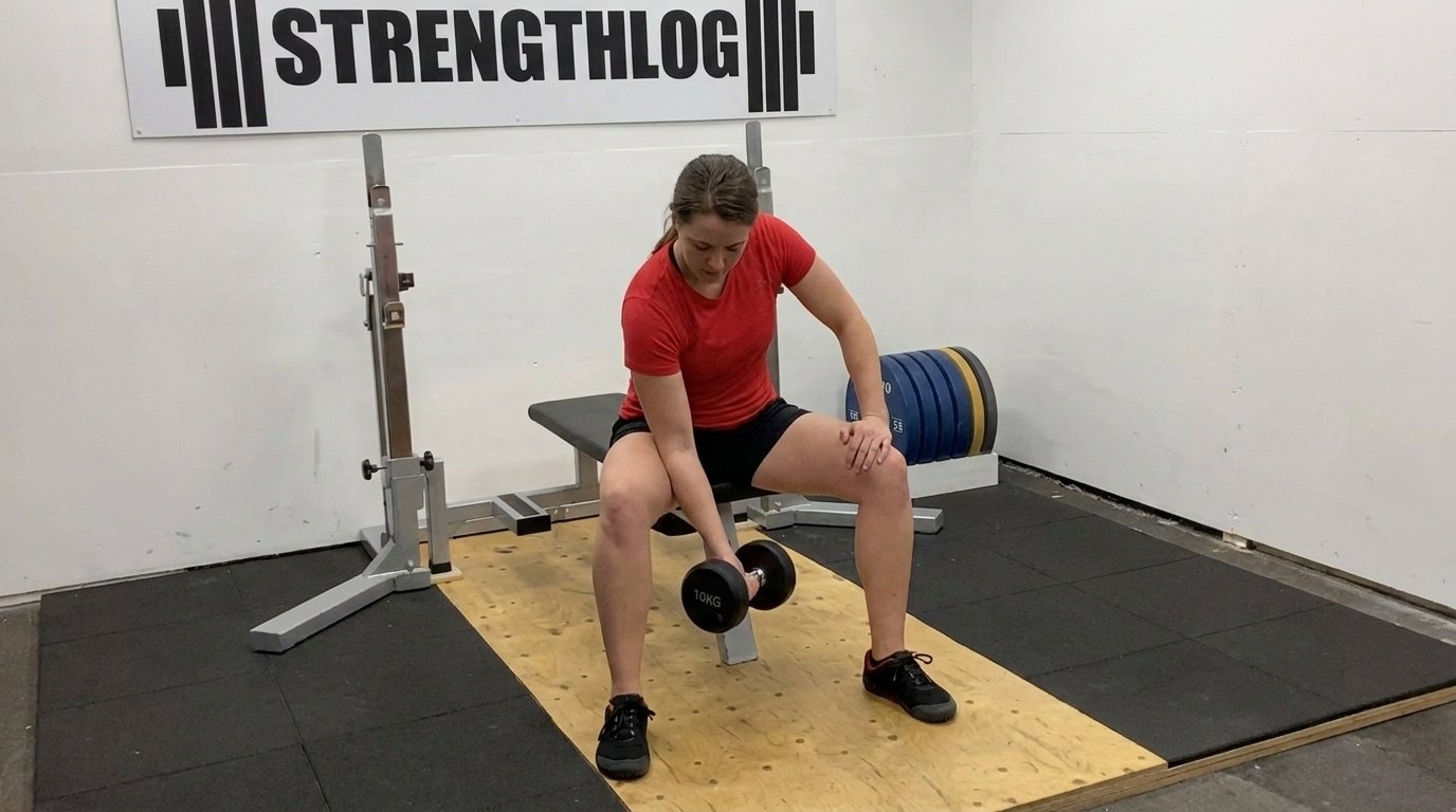 Woman doing concentration curl while sitting on a gym bench.