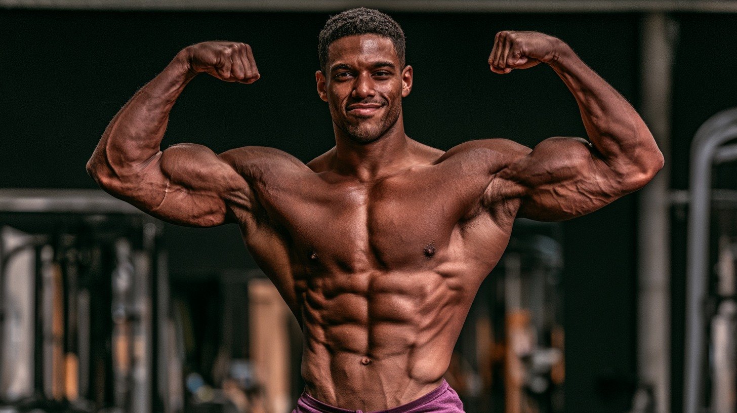 Bodybuilder showing muscle gains from following the Arnold Blueprint.