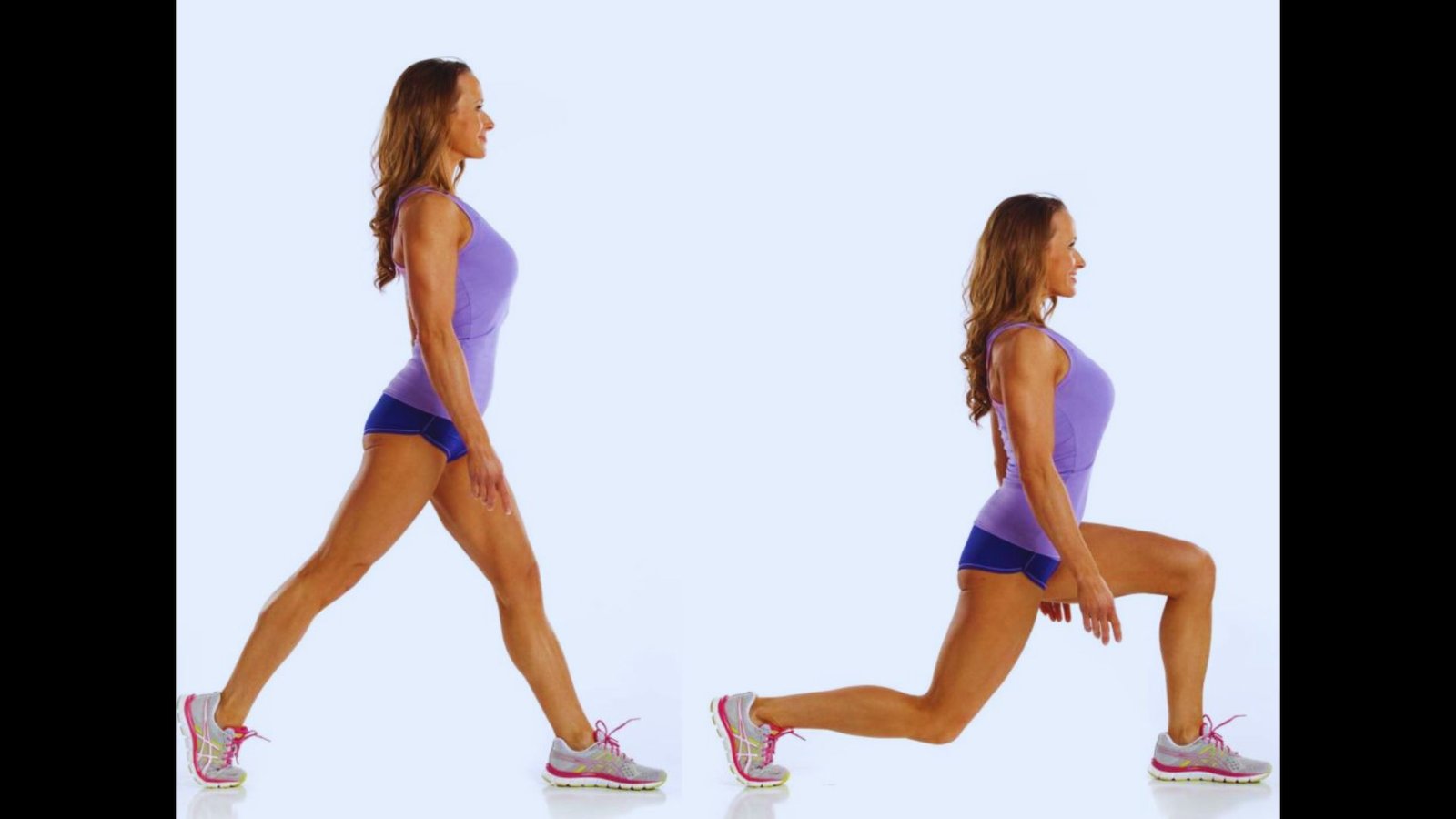 Two side-by-side images demonstrating a woman performing a walking lunge exercise step-by-step.