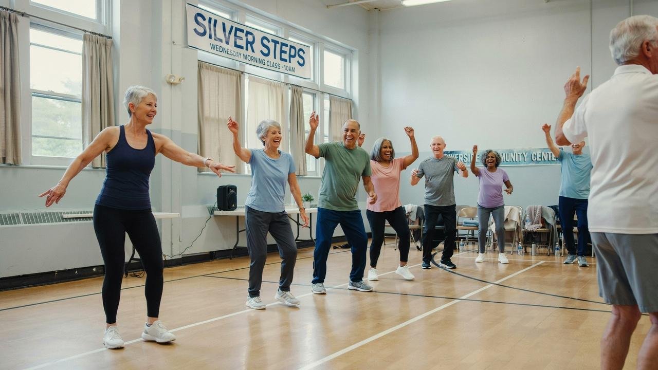 Seniors participating in a low-impact dance fitness class.