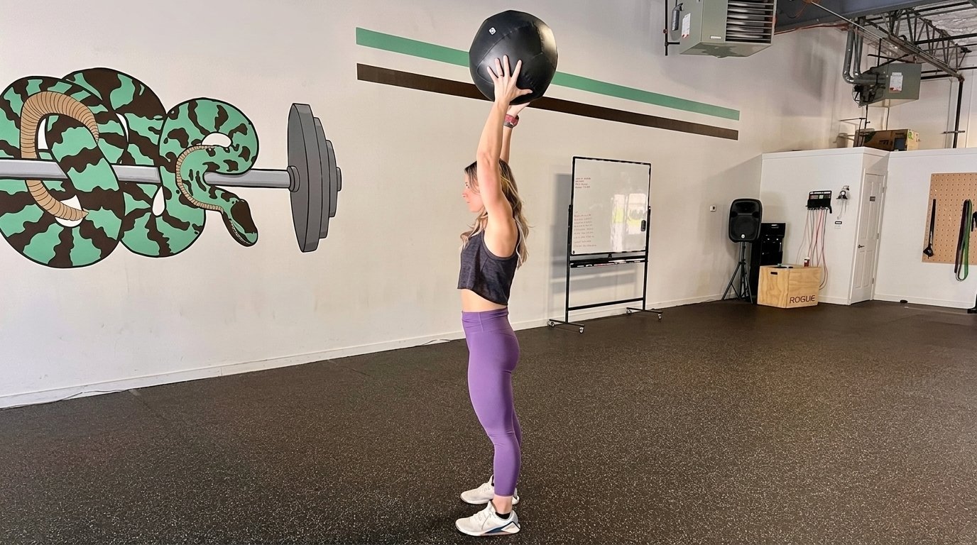 Woman doing the medicine ball clean and press workout.