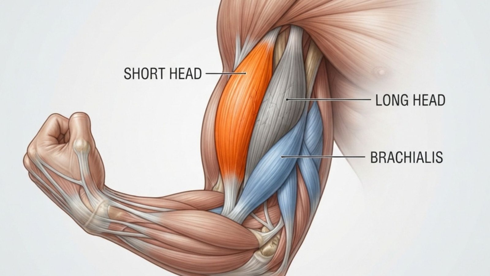 Diagram showing short head, long head, and brachialis muscles to explain bicep muscle parts.