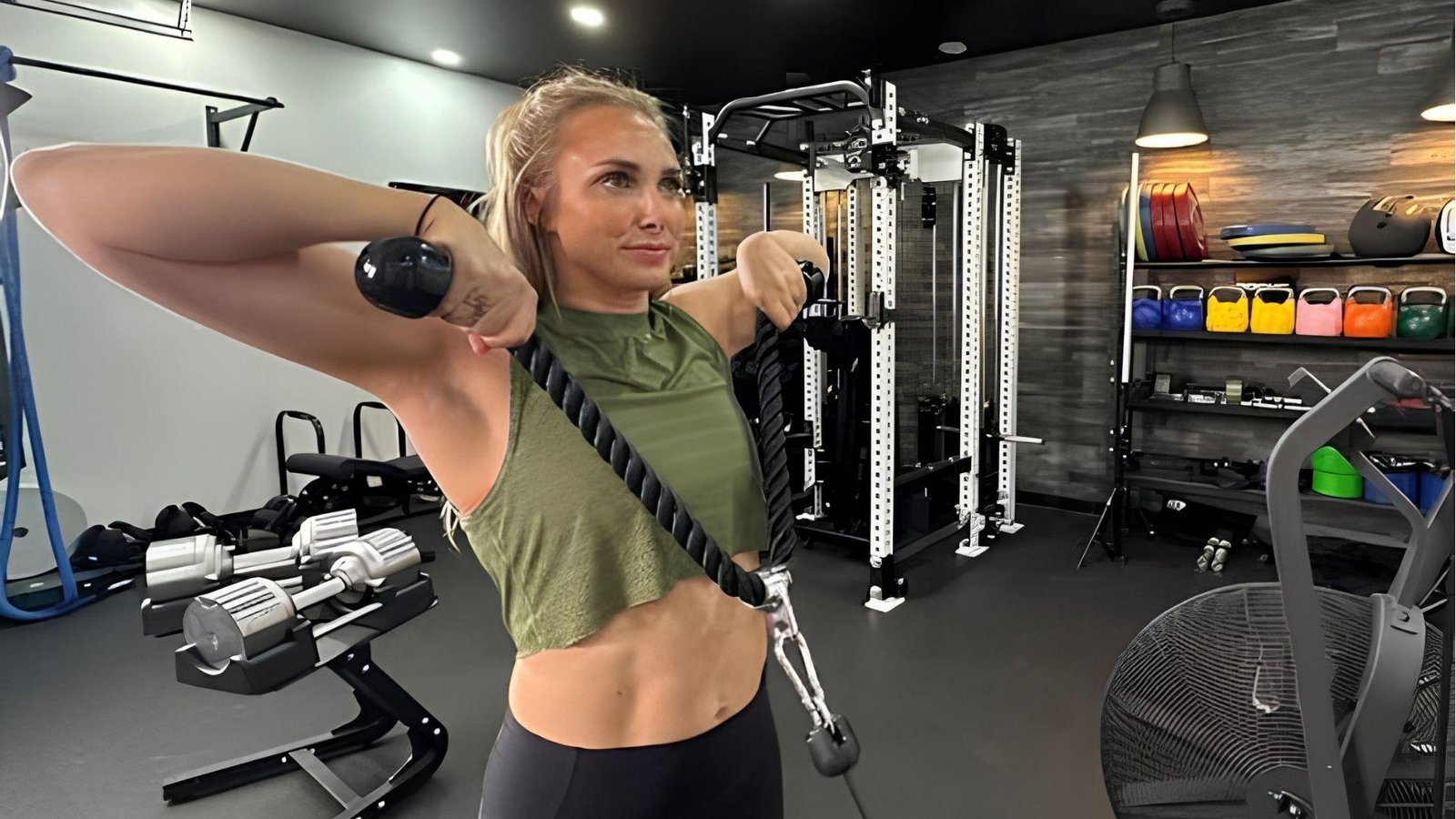 Woman doing cable face pulls with rope to target rear delts and traps