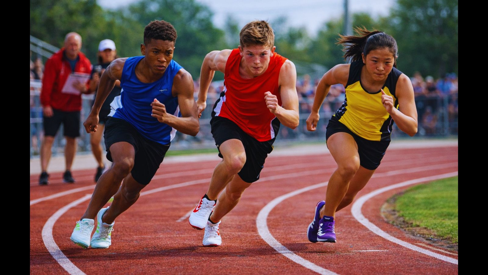 Four runners sprinting side-by-side in lanes on an outdoor track.