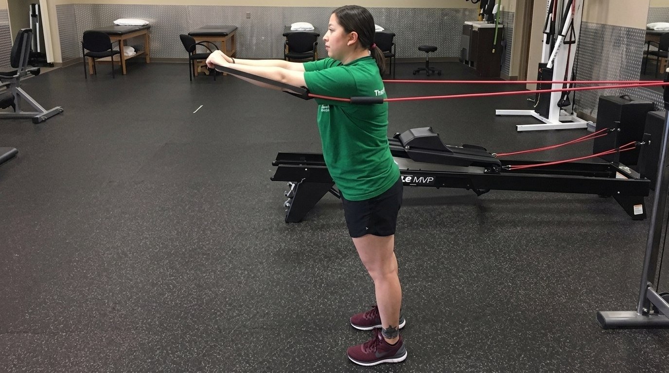 Woman doing the dynamic hug, holding the anchored resistance band behind in both hands.