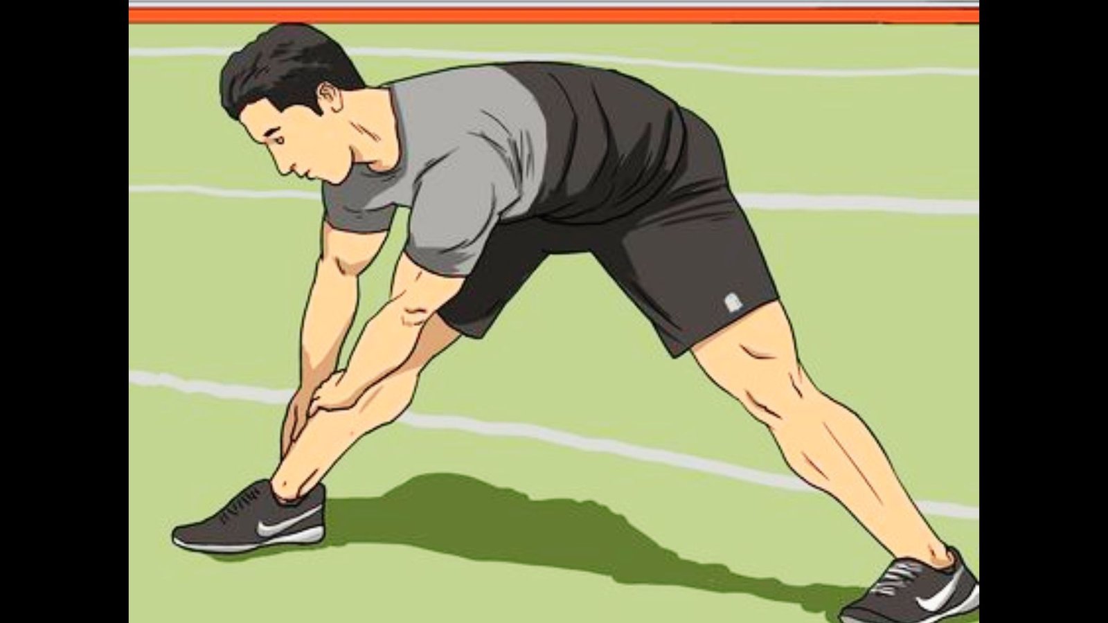 A male runner leaning forward into a deep leg stretch on a track.