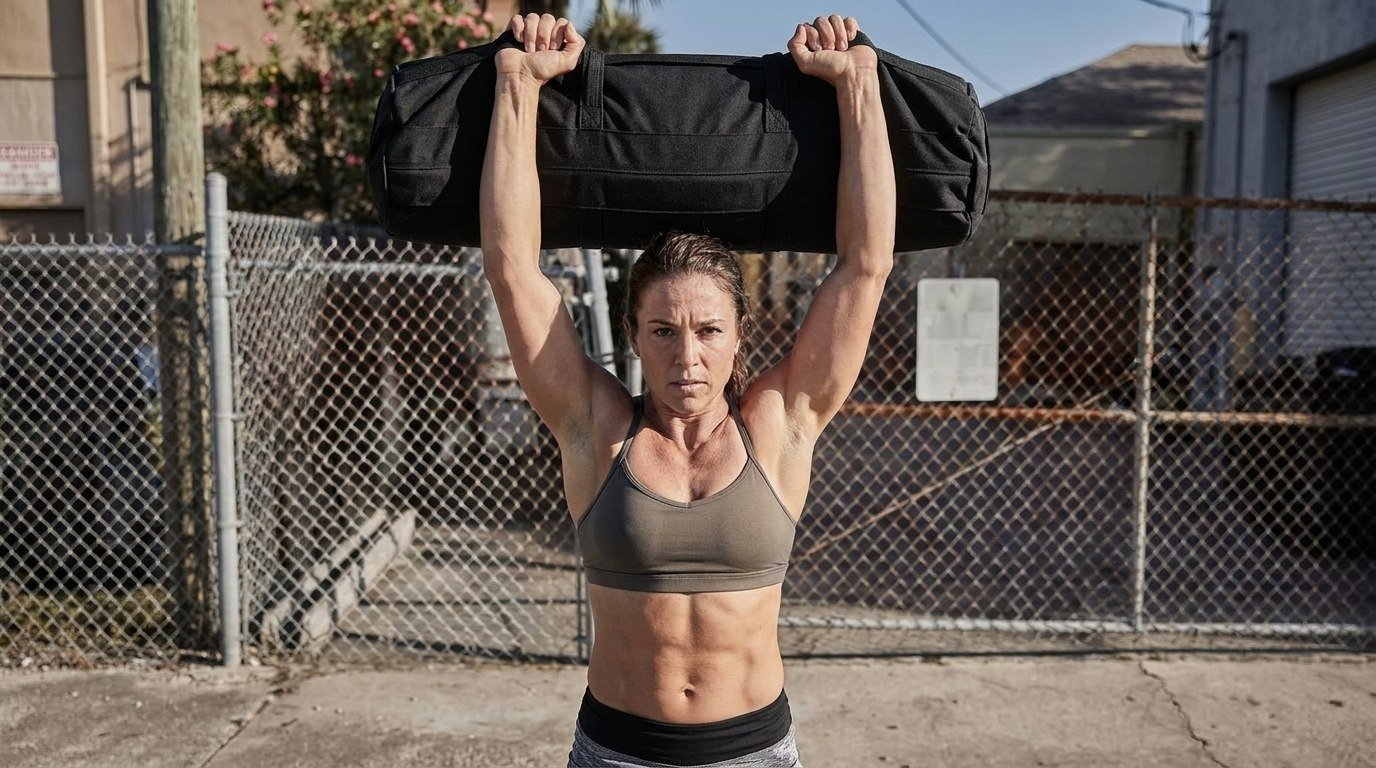 Woman doing the sandbag clean and press workout.