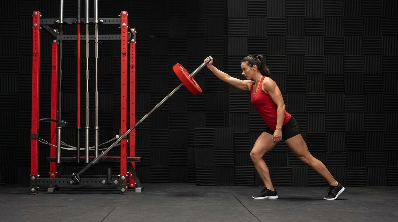 Woman doing the landmine clean and press workout.