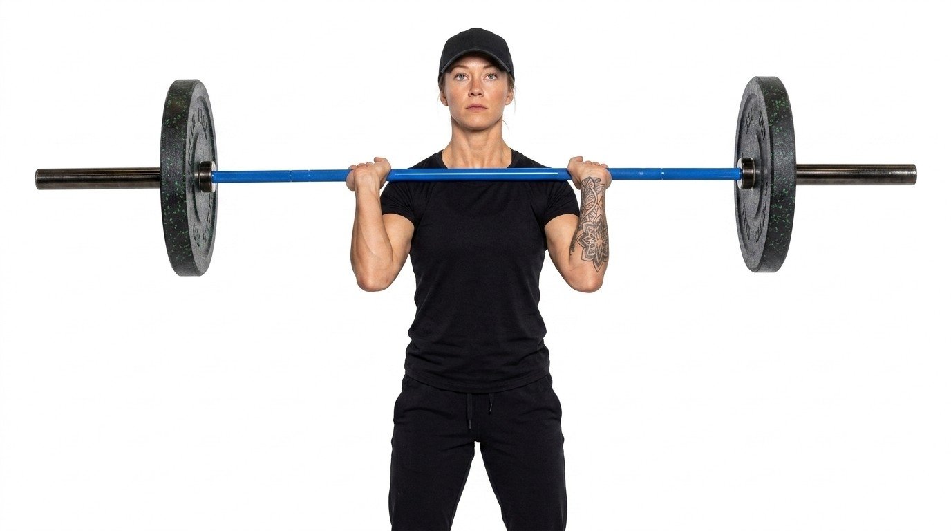 Woman in front rack position with hands holding the barbell on her shoulders.