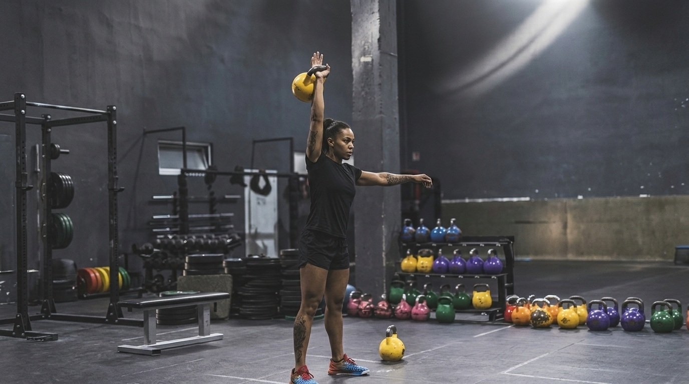 Woman doing the single arm kettlebell clean and press workout.