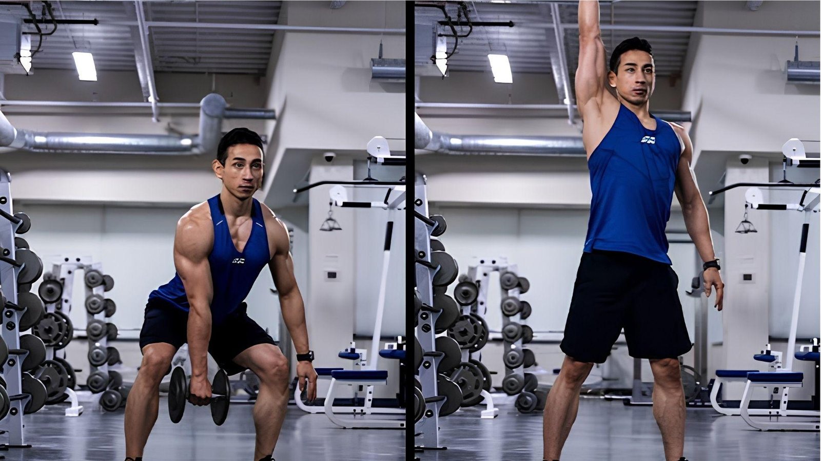Man demonstrating dumbbell snatch for traps workout chart