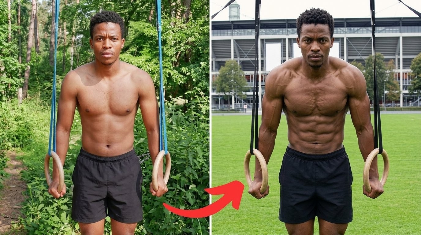 Photo before and after calisthenics transformation, showing a man using gymnastic rings outdoors.