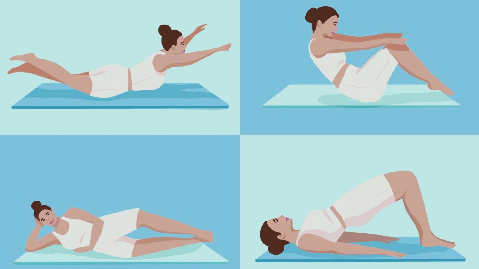 Four-step illustration showing the correct form for a Pilates core exercise on a gym mat.