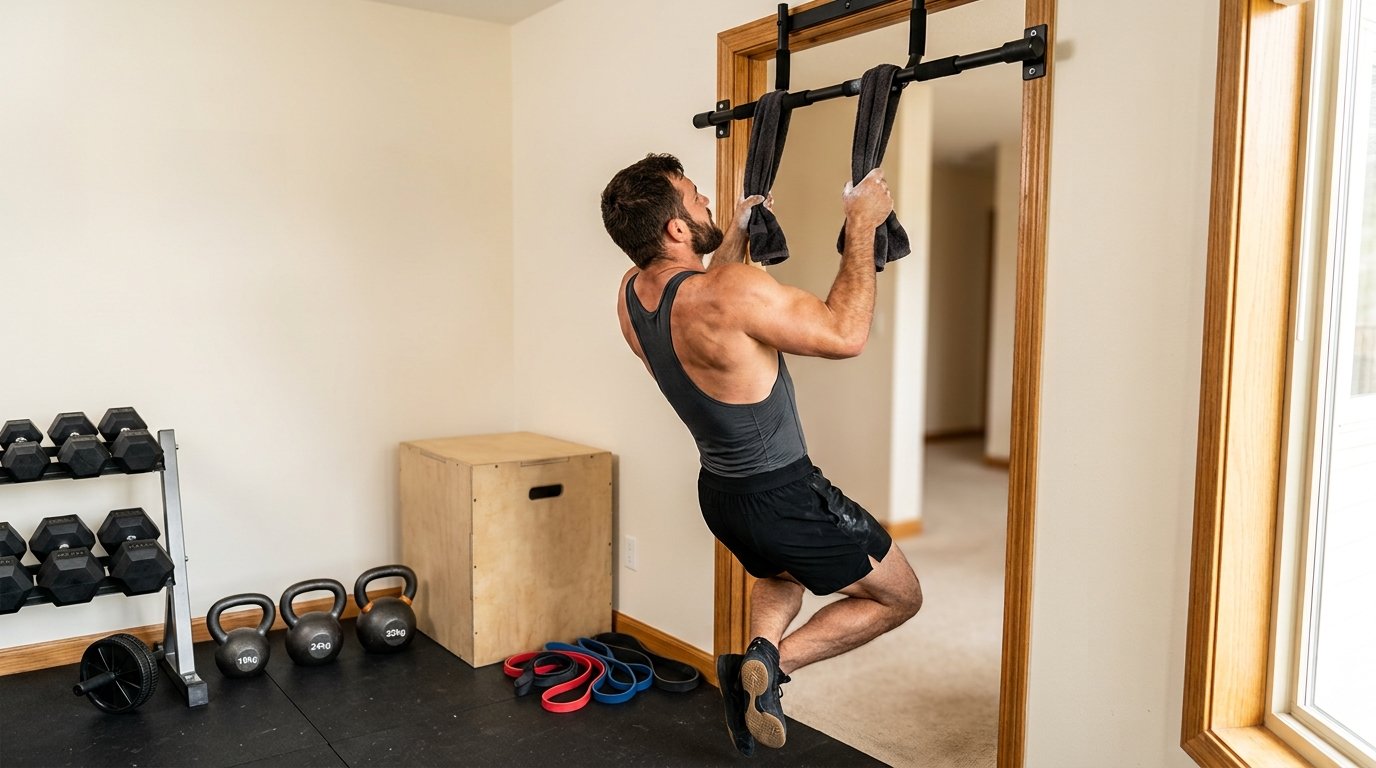 Home wrestling workout with towel pull-ups and basic strength equipment.