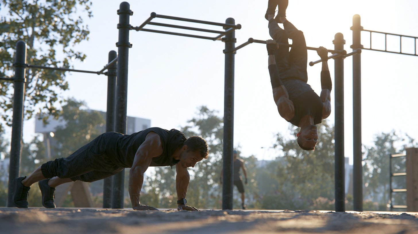 Calisthenics progressions from beginner to advanced at an outdoor workout park.
