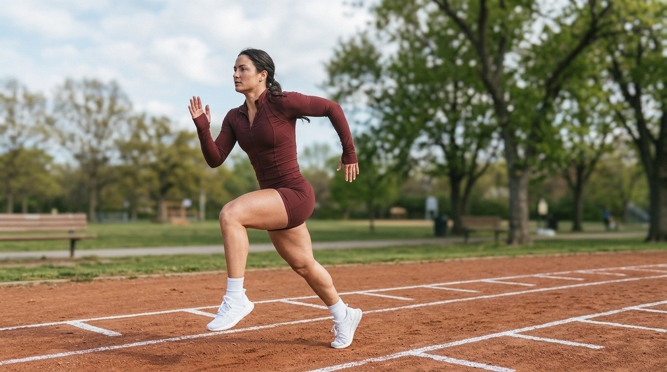 Athlete runs fast on the ground track in a park during sprint practice.
