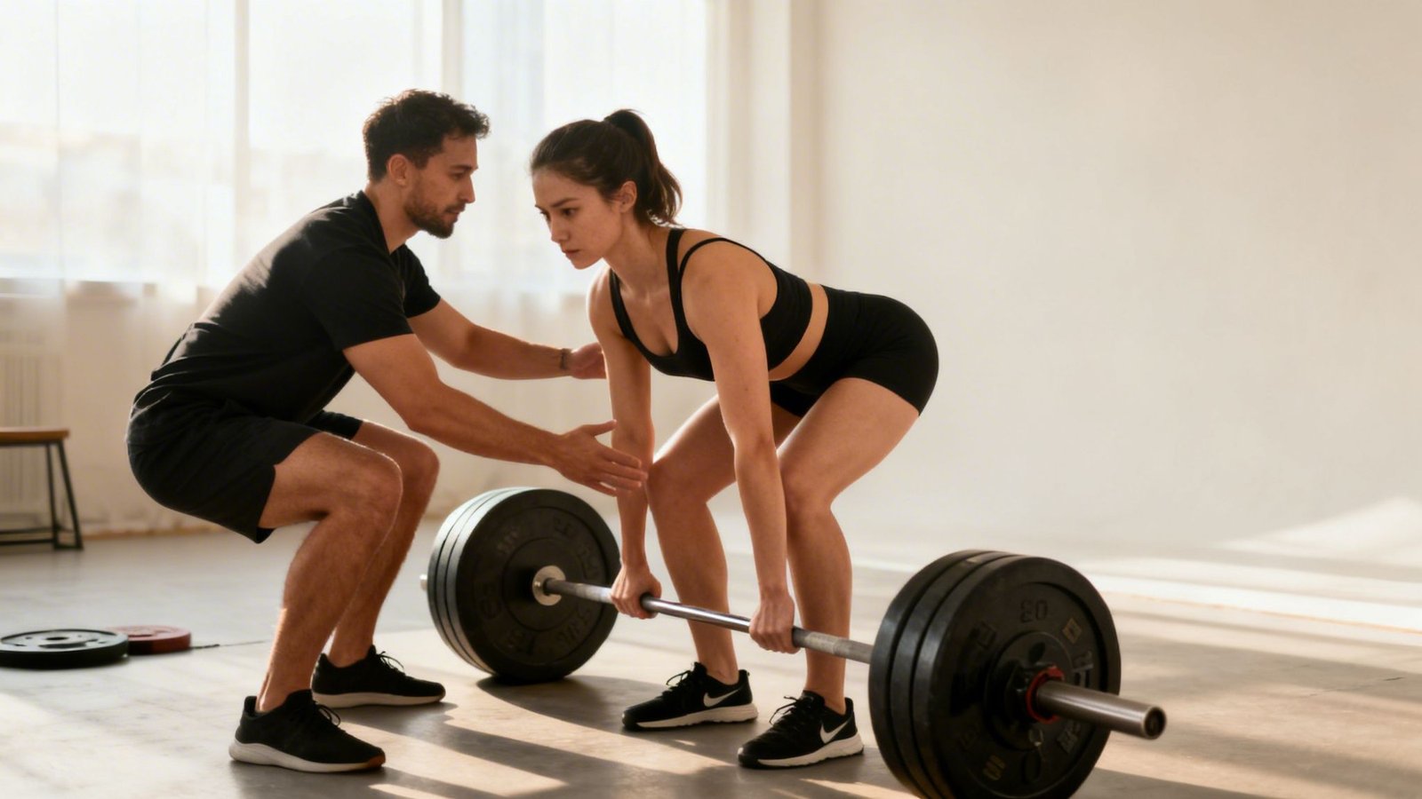 Man and woman following a powerbuilding program with heavy compound lifts in the gym.