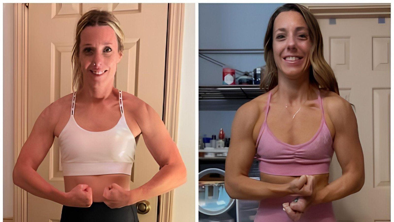 Side-by-side before and after photos of woman flexing in white and pink sports bras showing fitness transformation.